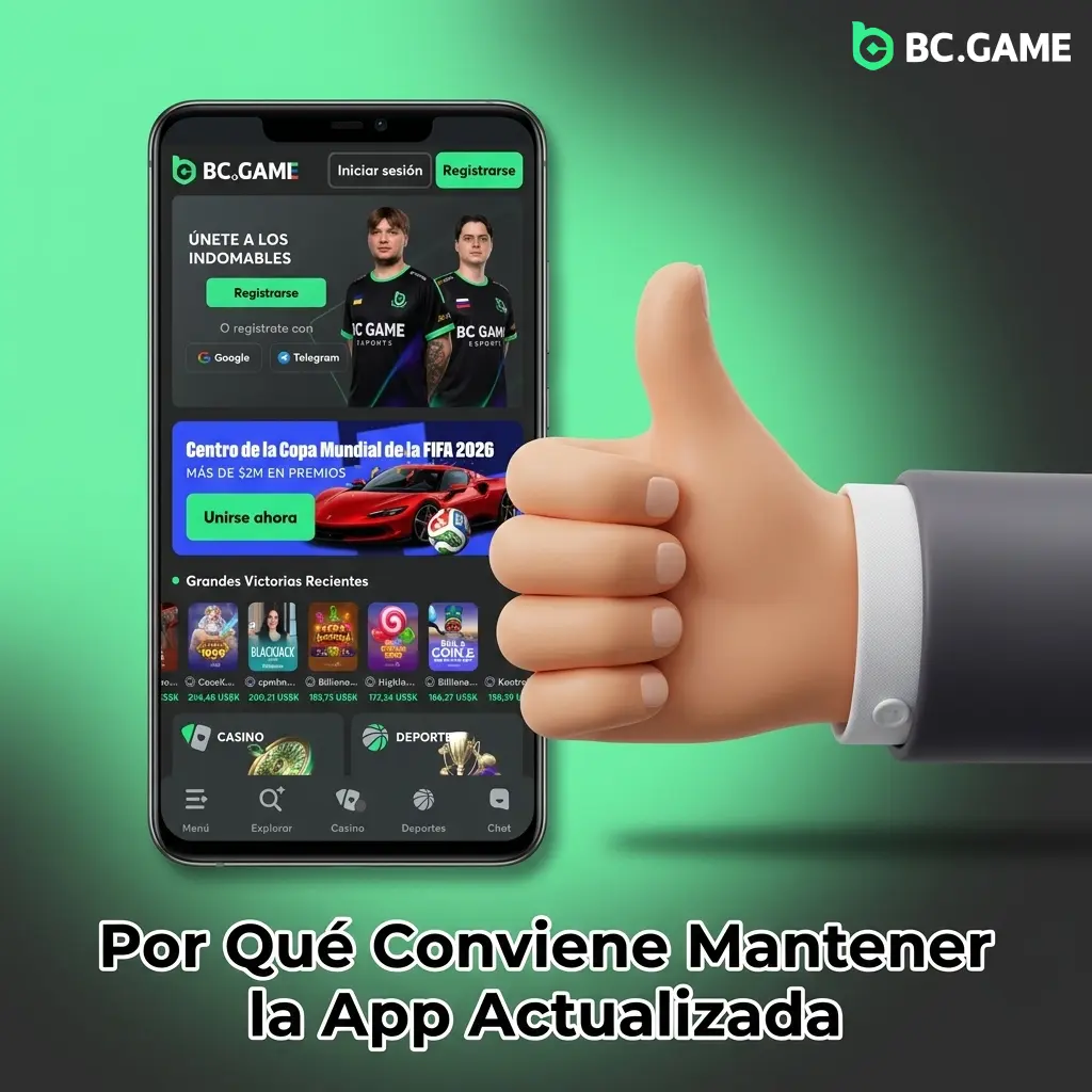 Teléfono con app BC Game actualizada mostrando mejoras de seguridad, rendimiento y nuevas funciones de apuestas en vivo