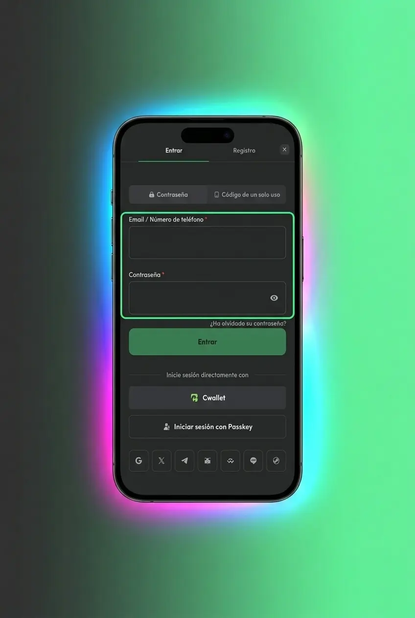 Pantalla de inicio de sesión de BC Game con campos de correo, contraseña y opciones de acceso social