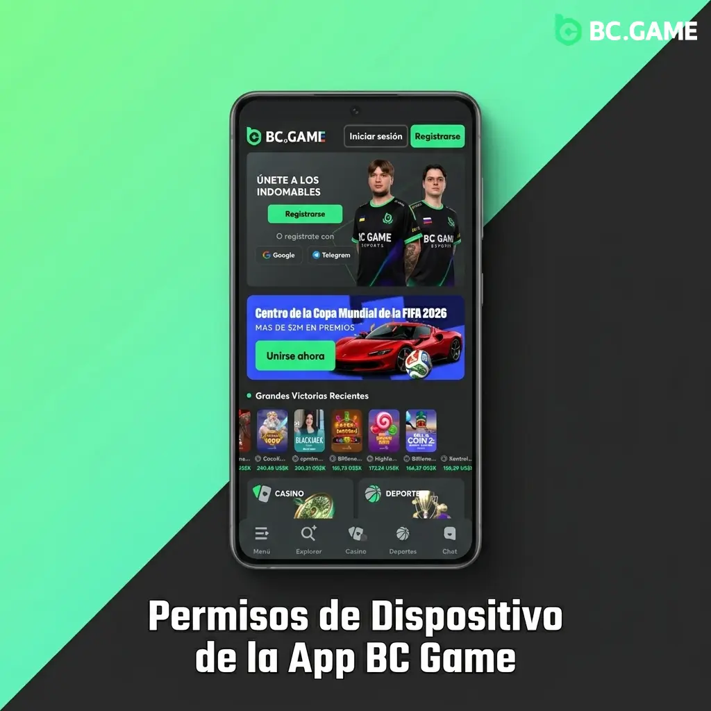 Permisos de dispositivo requeridos por la app BC Game en Android e iOS para funciones como KYC, notificaciones y almacenamiento