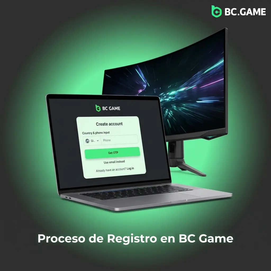 Proceso de registro en BC Game: formulario con opciones de correo, teléfono y criptocartera para crear cuenta