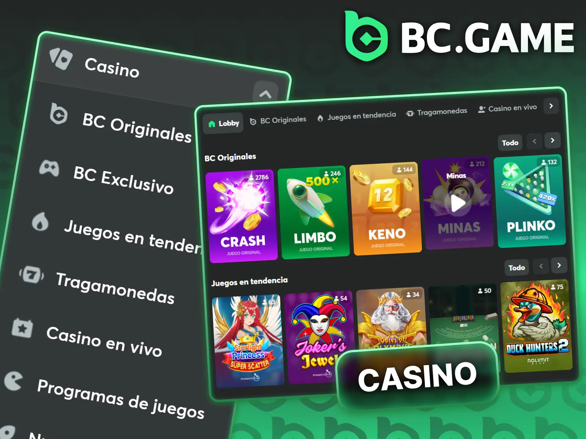 Explora el catálogo de juegos de casino desde la pantalla principal de BC Game.