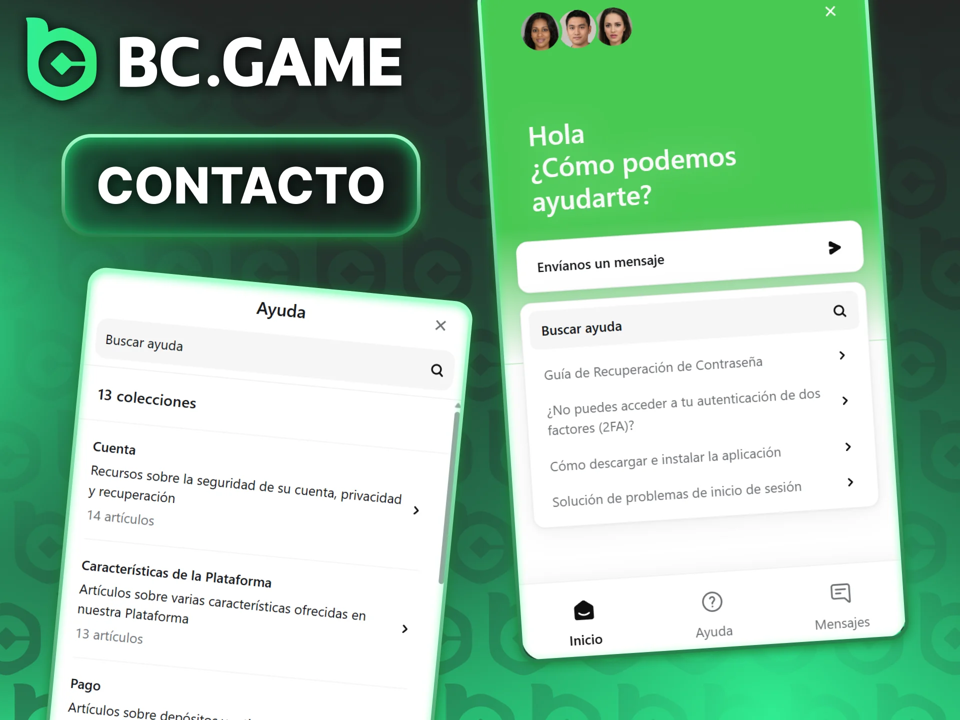 Comunícate con el soporte técnico desde el menú principal de BC Game.