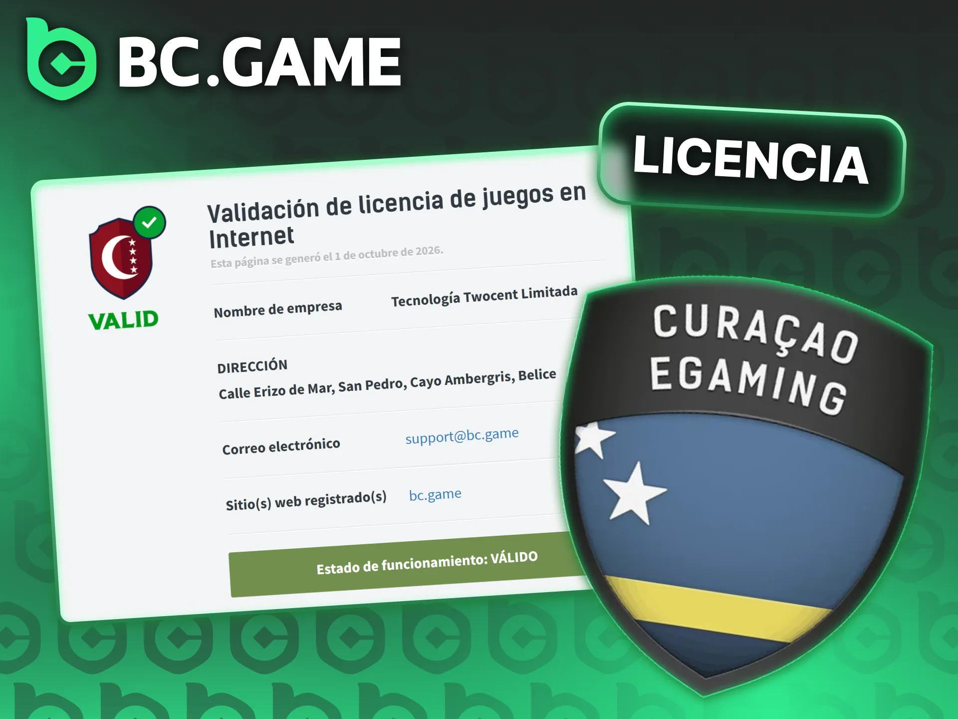 Verifica la licencia oficial de operación en la página de BC Game.